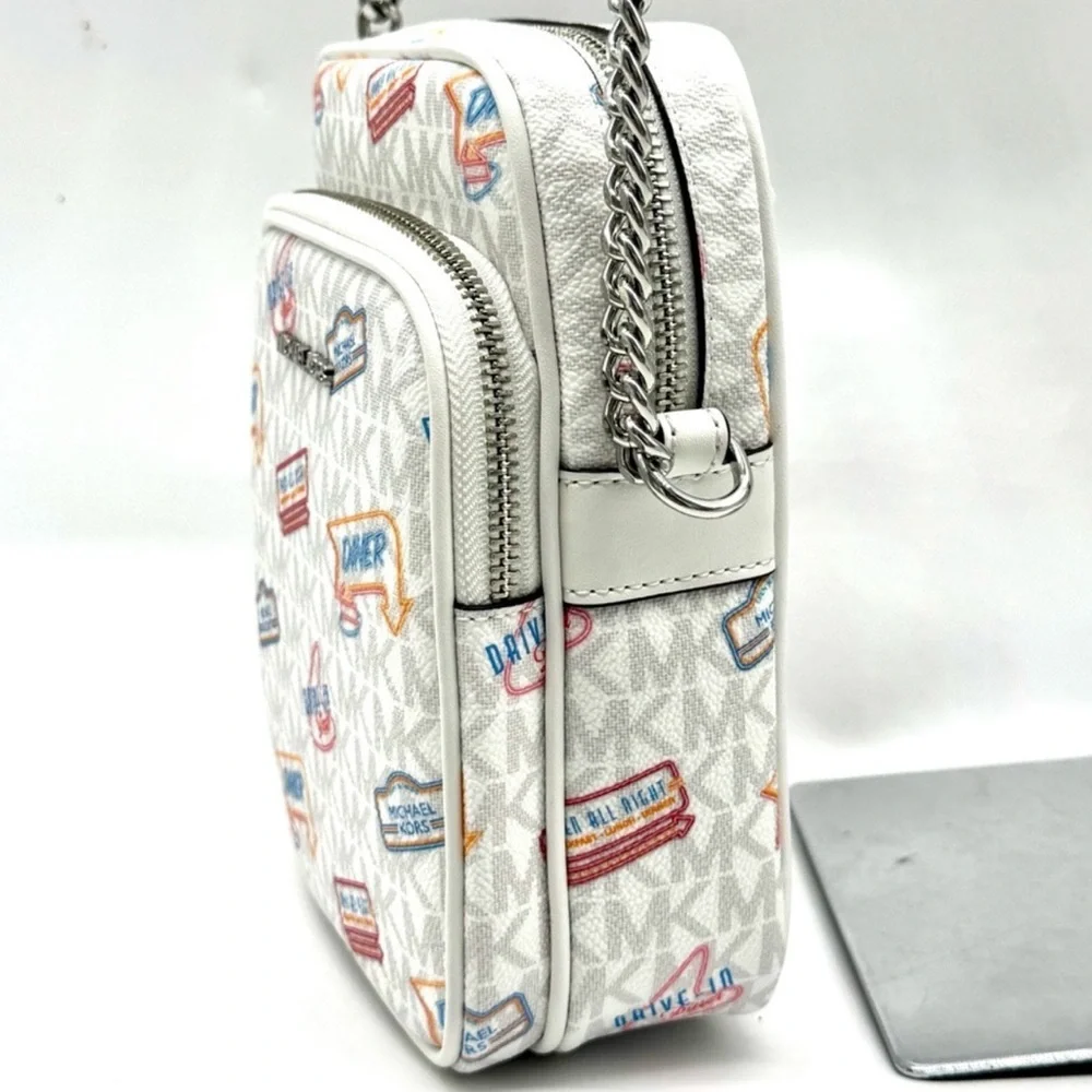 Michael Kors Jet Set Medium Printed Signature Logo Crossbody Bag Optic White